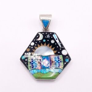 Navajo Galaxy micro Inlaid 925 Sterling Silver Hexagon Pendant